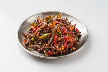 Spicy small whitebait with Northeast local special dish on monochrome background