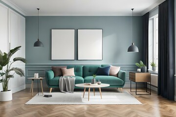 A beautiful canvas frame 3D mockup in modern living room, bed room, kitchen, bathroom interior, Created with AI