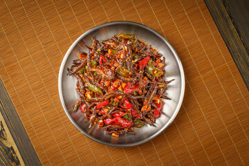 Spicy small whitebait with Northeast local special dish on monochrome background