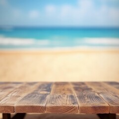 empty wooden table blurred summer beach background