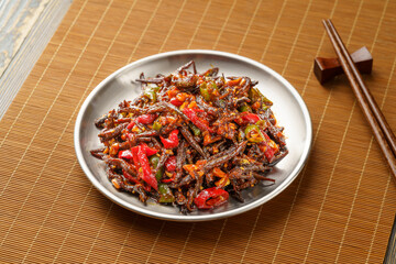 Spicy small whitebait with Northeast local special dish on monochrome background