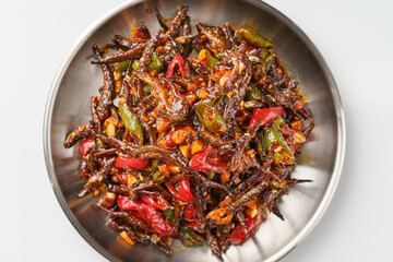 Spicy small whitebait with Northeast local special dish on monochrome background