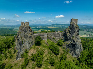 Fototapeta na wymiar Aerial view of two tower medieval stronghold Trosky state castle in the Czech paradise
