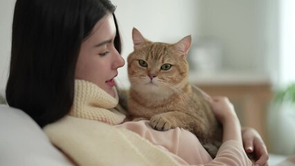 Cheerful woman in casual clothes spending her free time on vacation playing with cute pet at home.