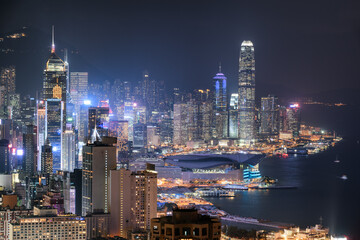 Gorgeous night aerial view of skyscrapers in Hong Kong