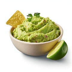 Guacamole Dip Bowl, Lime and Corn Chip Isolated on White Background Food Illustration