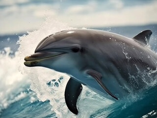 Dolphin jumping out of the sea, close-up. Generative AI