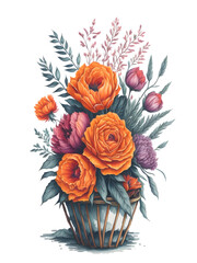 Watercolor flower in wooden basket clipart on transparent background, generative ai