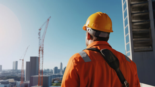 Industry worker from behind  with orange safety jacket