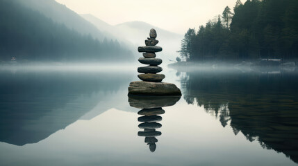Many stones balanced and standing in front of a body of water. Spring forest reflected in water.  Morning sunlight in the mountains. 