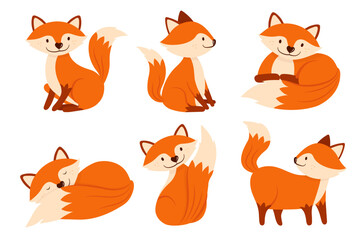 Fototapeta na wymiar Set of cute cartoon fox in different actions. Vector in flat style.