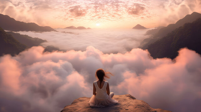 Girl sits with her back on top of a mountain and looks at pink clouds