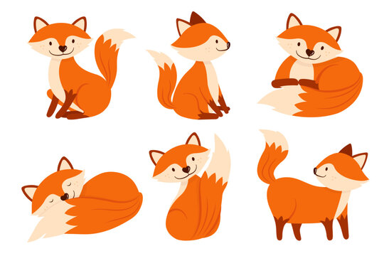 Set of cute cartoon fox in different actions. Vector in flat style.