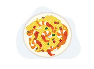 spicy cooked shrimp salad with corn. Thai food, Seafood.  Top view. Flat vector cartoon illustrtion