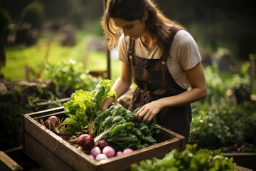 Female farmer gathering fresh vegetables on her farm