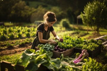 Naklejka na ściany i meble Female farmer gathering fresh vegetables on her farm
