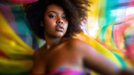 Beautiful young african american woman blur soft colorful background, dark skin