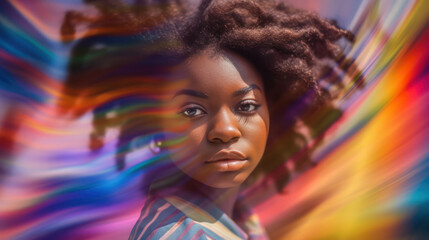 Beautiful young african american woman blur soft colorful background, dark skin