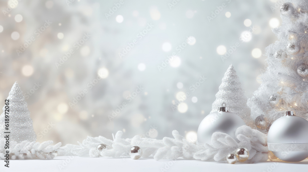 Poster christmas banner with blank space for text, xmas tree and sparkle bokeh lights on white canvas backg
