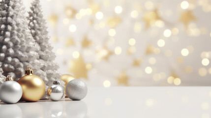 Fototapeta na wymiar Christmas banner with blank space for text, xmas tree and sparkle bokeh lights on white canvas background