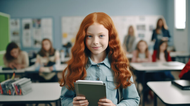 Create a portrait of a girl with smooth red hair sitting in a classroom