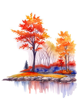 Watercolor Clipart Of A Fall Landscape On Transparent Background, Generative Ai