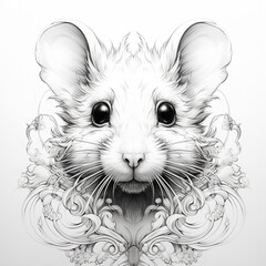 black and white sketch illustration of a rat's head