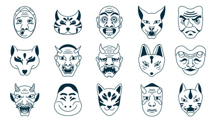 Japanese traditional masks collection set. Ancient Korean mask elements set vector illustration