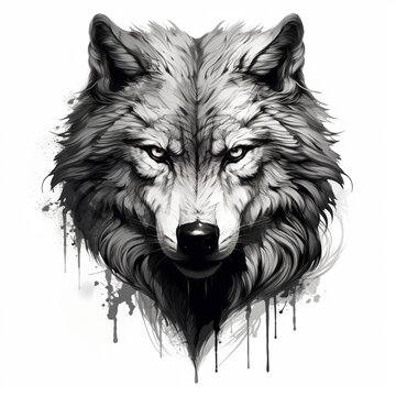 black and white sketch illustration of a wolf