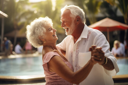 A beautiful elderly couple is dancing on the street in a tropical resort. Photorealistic illustration of Generative AI.