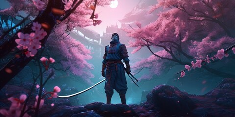 Samurai in beautiful sakura background, modern samurai standing in Sakura tree garden with swords, digital art style, illustration painting. ai generative
