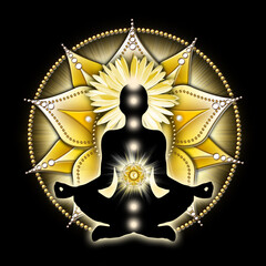 Solar plexus chakra meditation in yoga lotus pose, in front of Manipura chakra symbol. Peaceful decor for meditation and chakra energy healing.