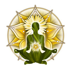 Solar plexus chakra meditation in yoga lotus pose, in front of Manipura chakra symbol. Peaceful decor for meditation and chakra energy healing.