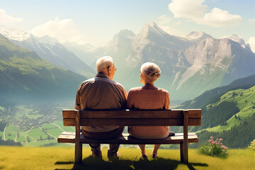 Back view of senior couple sitting on a bench and enjoying wonderful view of a mountains valley, Generative AI - obrazy, fototapety, plakaty