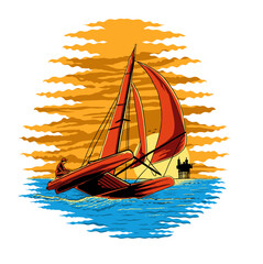 sail boat on the sea at sunset illustration