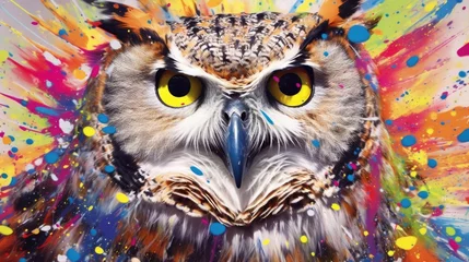 Wandcirkels aluminium owl  form and spirit through an abstract lens. dynamic and expressive owl print by using bold brushstrokes, splatters, and drips of paint. owl raw power and untamed energy © PinkiePie