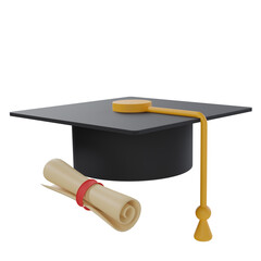 graduation cap and diploma with certificate 3d
