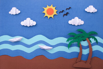 Fototapeta na wymiar Landscape sea with sky and sun of paper cut. travel concept paper art background. Holiday summer.