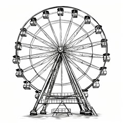 Ferris wheel isolated on white background, black and white ink illustration, hand drawn illustration created with generative AI