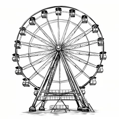 Deurstickers Ferris wheel isolated on white background, black and white ink illustration, hand drawn illustration created with generative AI © Favebrush