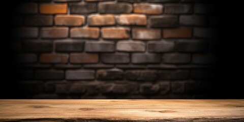 Selected focus empty brown wooden table and wall texture or old black brick wall blur background image. for your photomontage or product display. ai generative