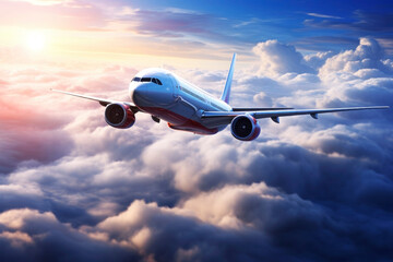 Obraz premium Passenger plane in the clouds. Generative AI