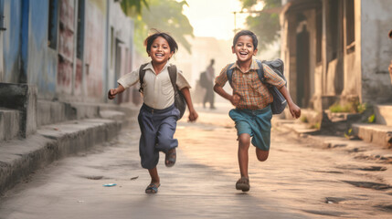 Group of happy little indian kids with backpacks looking at camera running to school. Back to school. child education concept. rural india. Generative ai.