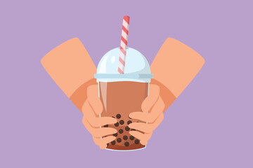 Character flat drawing stylized hands person holding drinking brown sugar flavor tapioca pearl bubble milk tea with glass straw in night market of Taiwan logo, icon. Cartoon design vector illustration