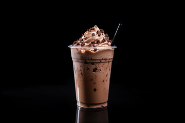 Chocolate milkshake in plastic takeaway cup isolated on black background