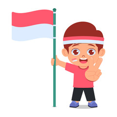 Cute boy holding Indonesian flag, Happy pose
