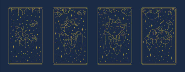 Tarot poster with astrological signs. Aesthetic tarot design for oracle card covers. Vector illustration isolated in blue background