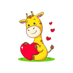 Cute happy giraffe holding big love heart cartoon character on white background vector illustration. Funny Adorable animal concept design.