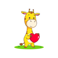Cute happy giraffe holding big love heart cartoon character on white background vector illustration. Funny Adorable animal concept design.