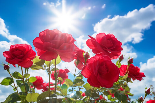 Beautiful red roses on a background of blue sky, a beautiful image of red roses, Generative AI